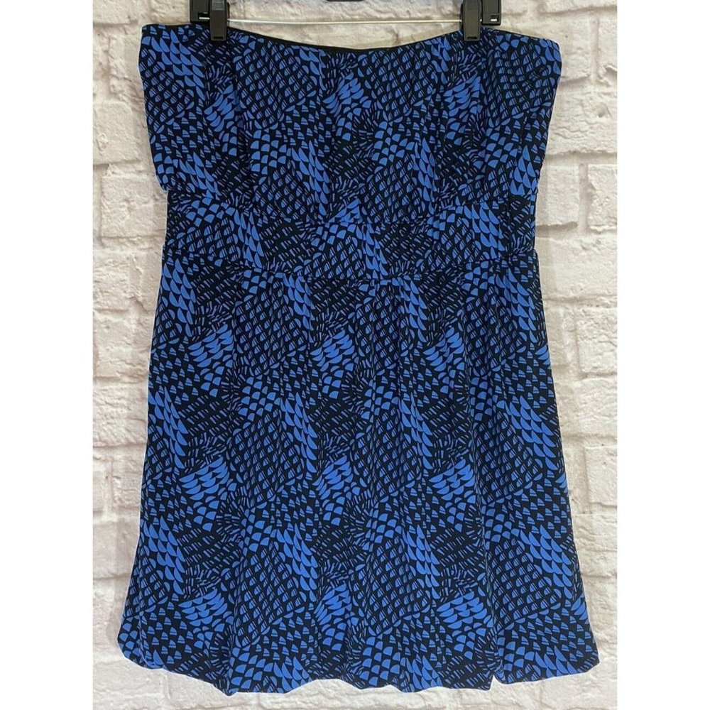Banana Republic Dress XL Blue Black Print Strapless Mini Bubble Hem Lined 9138